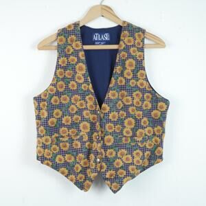 Vintage Medium Vest 90s Sunflower Gingham Plaid Cottagecore Grunge Floral Cotton